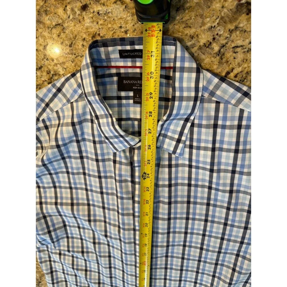 Banana Republic Non-Iron‎ Untucked Fit Shirt L Blue Plaid 100% Cotton